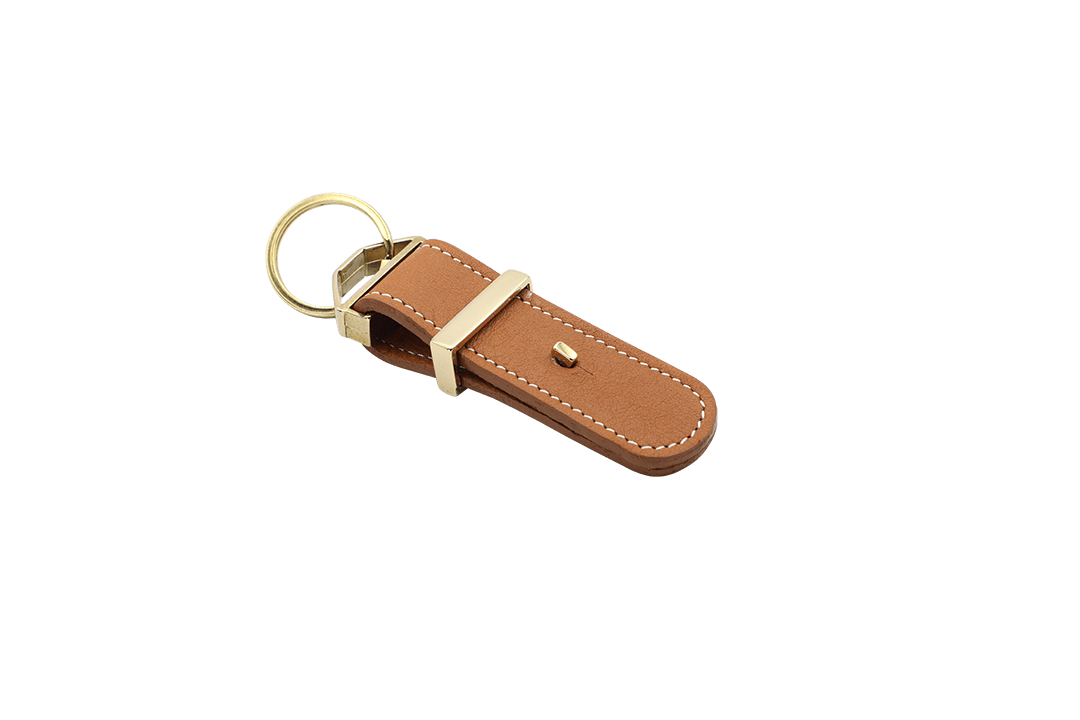Autumn Brown Leather Bar-T Keyring with Gold-plated Finish