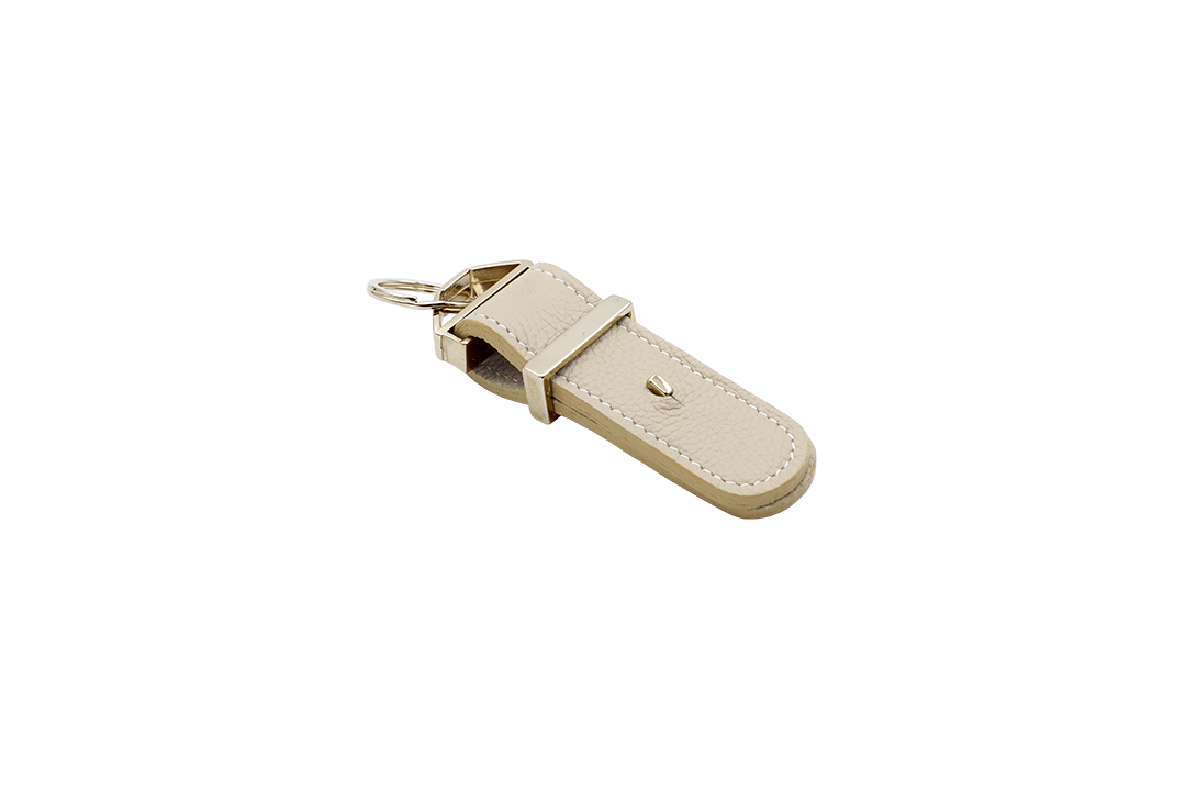 Hampton Beige Leather Bar-T Keyring with Gold-plated Finish